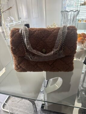 Brown Faux-Shearling Shoulder Bag with Chain Strap